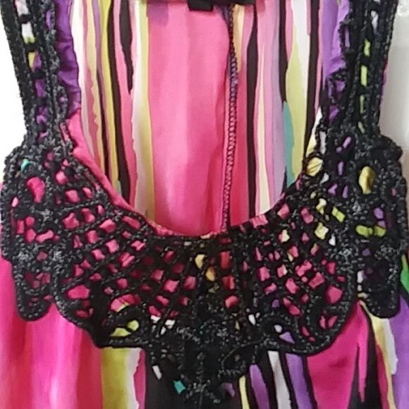 Heart Soul Silk Vibrant Watercolor Sparkly Lace Camisole Sleeveless Smock Blouse - Picture 4 of 7